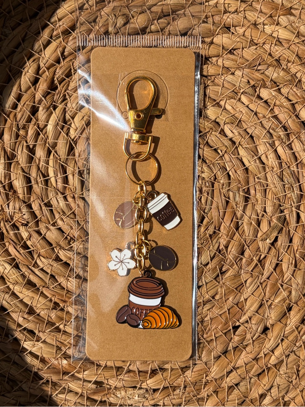 Gold-Tone Coffee Charm Keychain - Brown Coffee Cup & Croissant